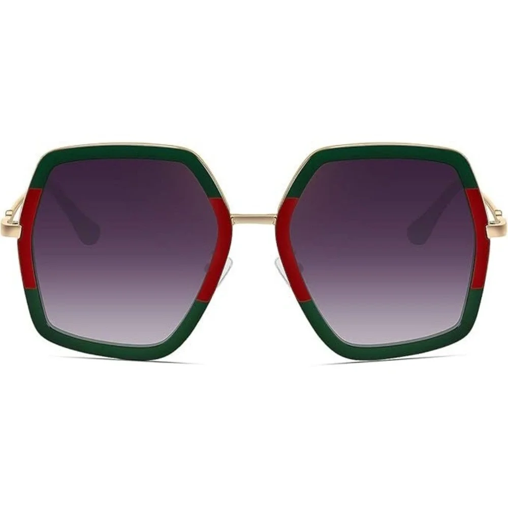 Women Oversized Hexagonal Sunglasses Green Red Stripe Gold Frame UV400 Gradient‎